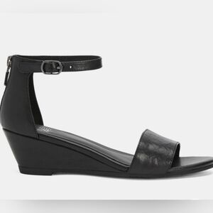 New Eileen Fisher Black Tumbled Leather Ankle Strap Wedge Samdal Size 6.5